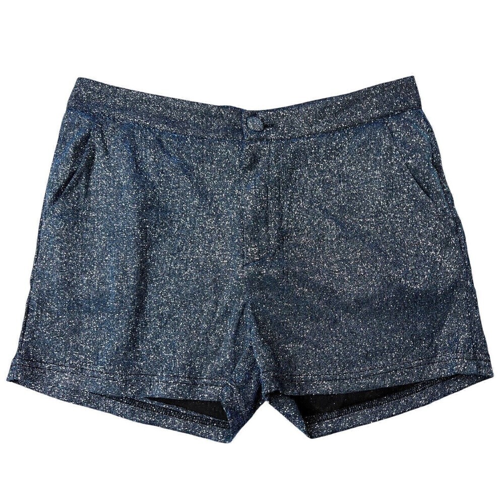 Shein Silver Blue Sparkle Mini Shorts Hot Pants Pockets Zip Closure Size Large